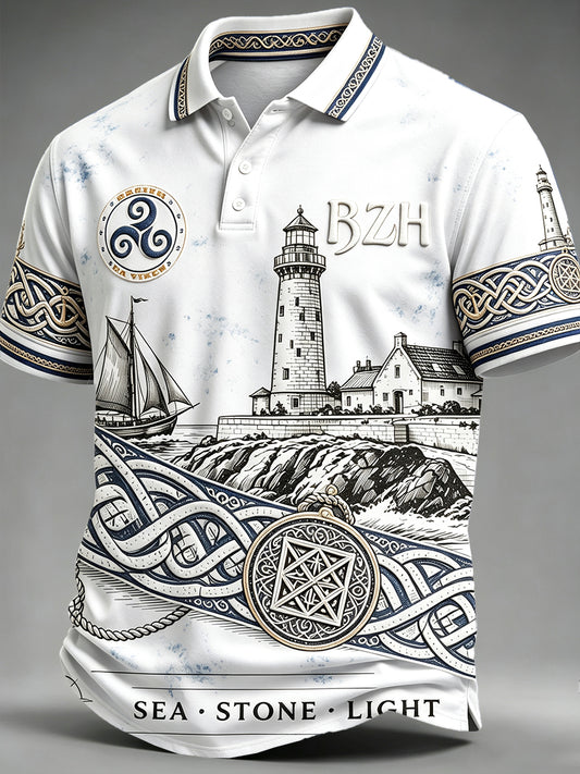 Polo décontracté blanc pour homme, imprimé phare, style breton