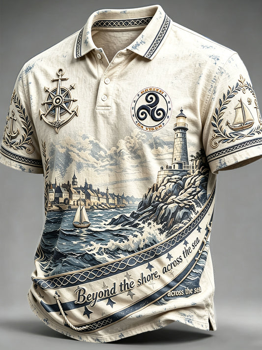 Polo décontracté pour homme, style vintage, blanc cassé, motif nautique représentant un phare de Bretagne, France