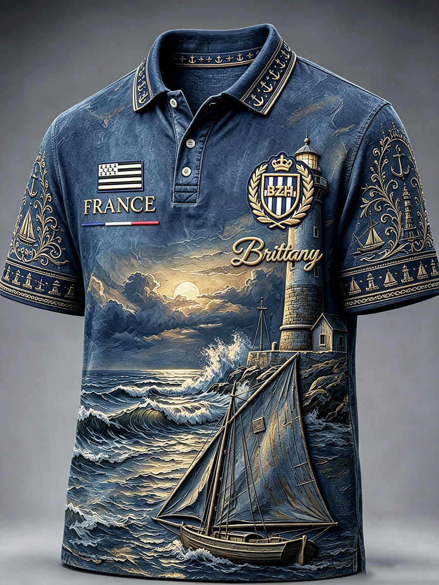 Polo décontracté pour homme, style vintage, bleu foncé, motif phare français de Bretagne