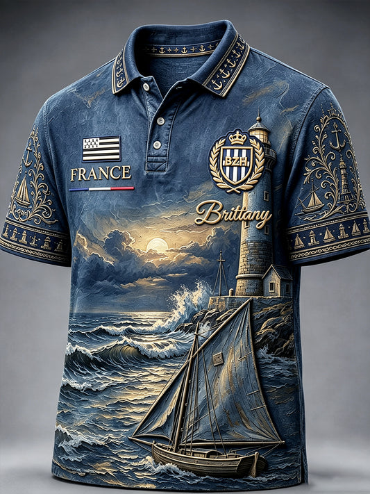 Polo décontracté pour homme, style vintage, bleu foncé, motif phare français de Bretagne
