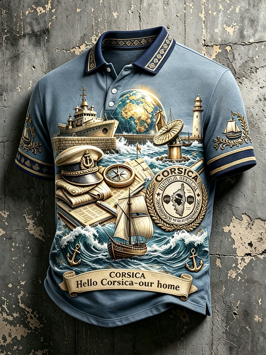 Polo décontracté vintage bleu pour homme, imprimé 3D corse