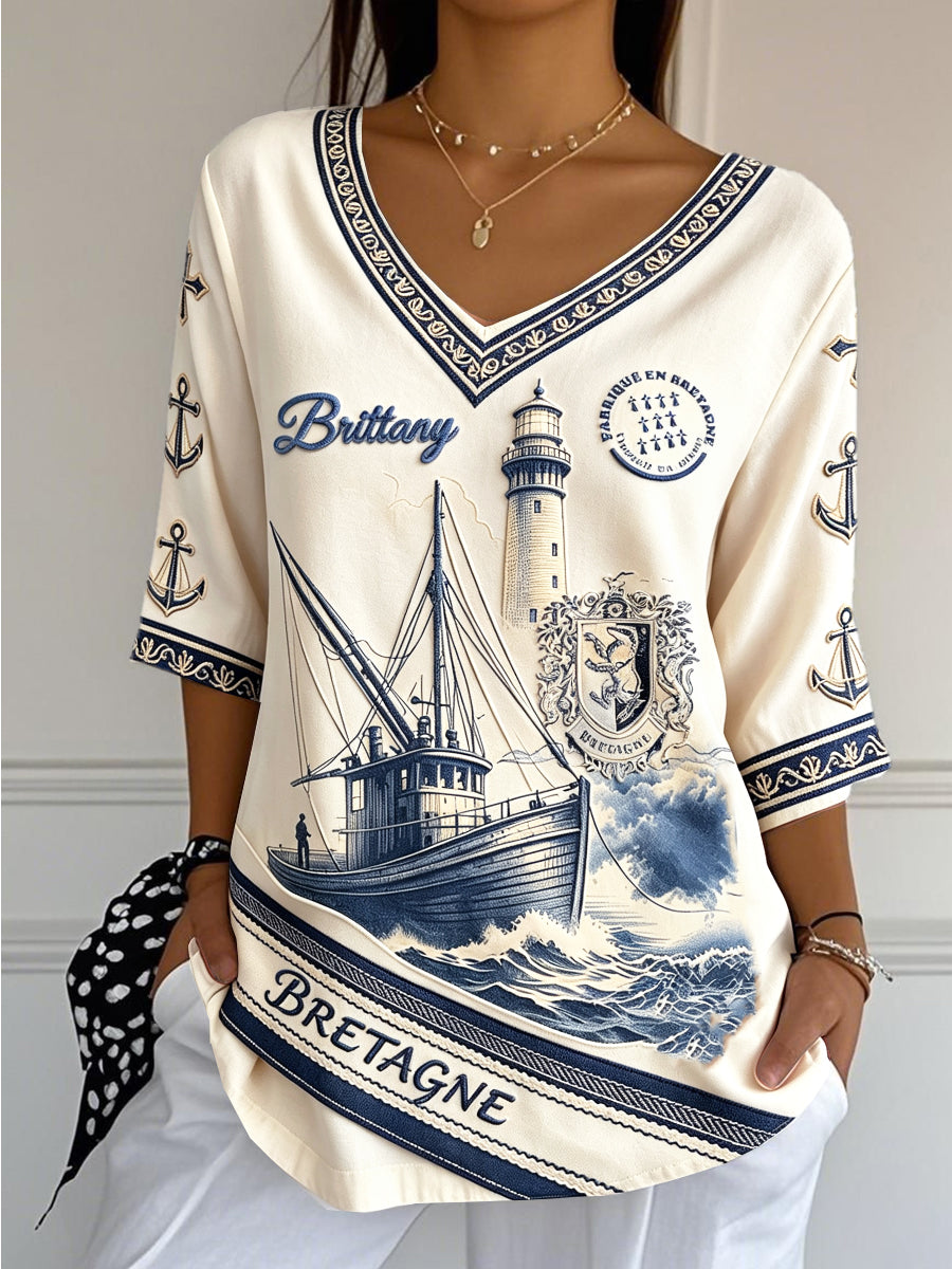 T-shirt femme décontracté au style rétro, en coton-lin, col en V, imprimé Bretagne française