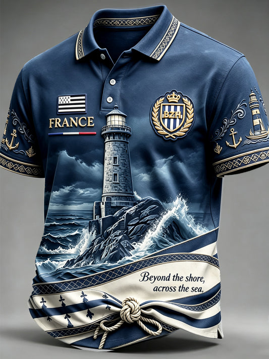 Polo décontracté pour homme, bleu foncé, à imprimé marin