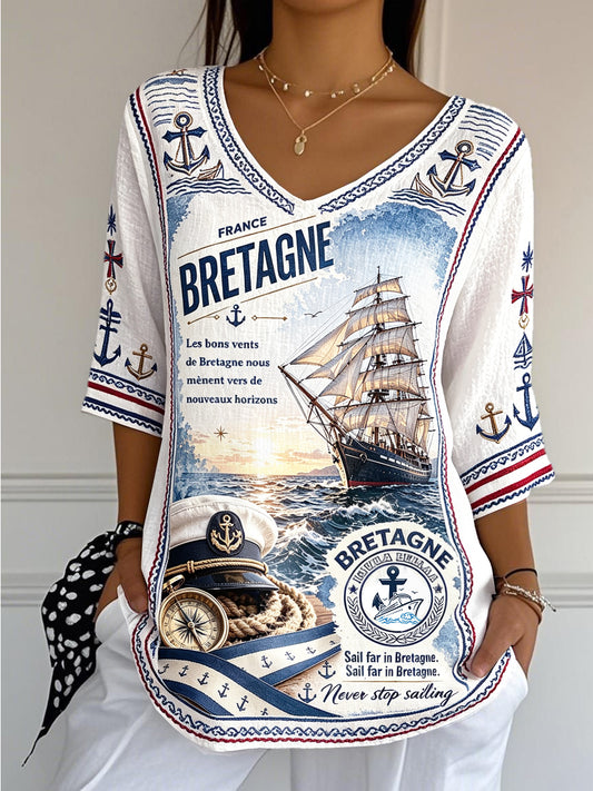 T-shirt femme blanc en coton-lin, col en V, à imprimé breton français, décontracté et tendance