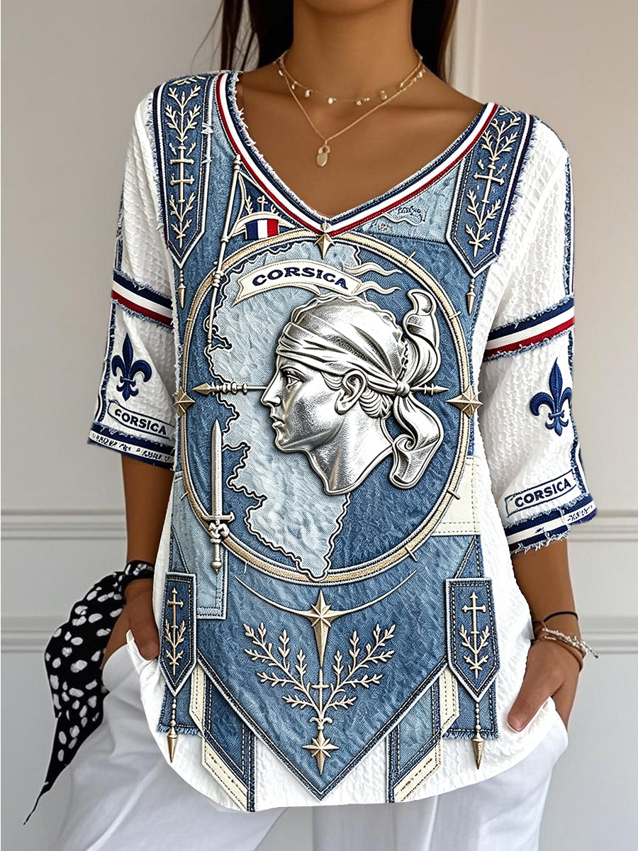 T-shirt femme en coton-lin, décontracté et tendance, col en V, imprimé patchwork denim corse