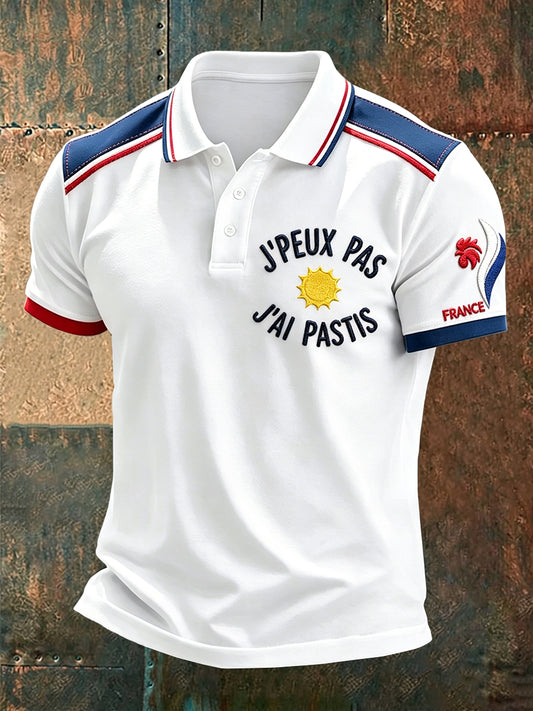 Polo Homme Décontracté Blanc Imprimé Vin Français