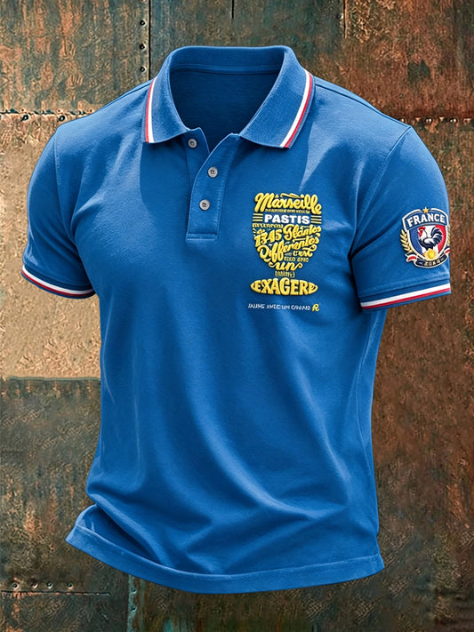 Polo Homme Décontracté Décontracté Imprimé Pastis Français Bleu à Manches Courtes
