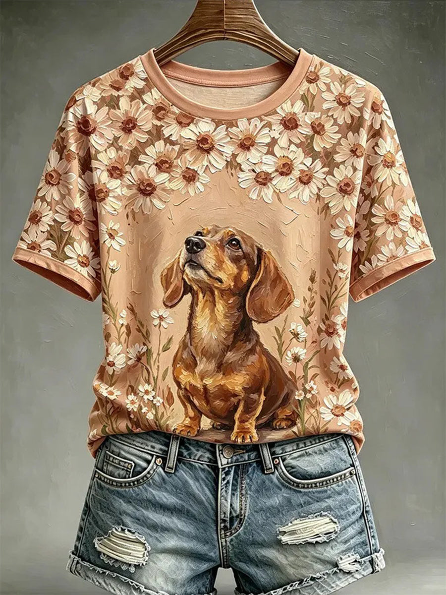 T-shirt décontracté pour femme, imprimé dans le style d’une peinture à l’huile représentant un chien