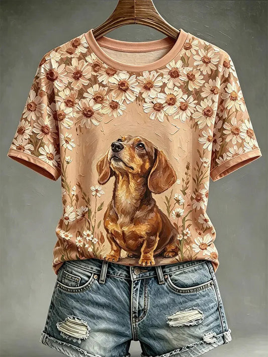 T-shirt décontracté pour femme, imprimé dans le style d’une peinture à l’huile représentant un chien
