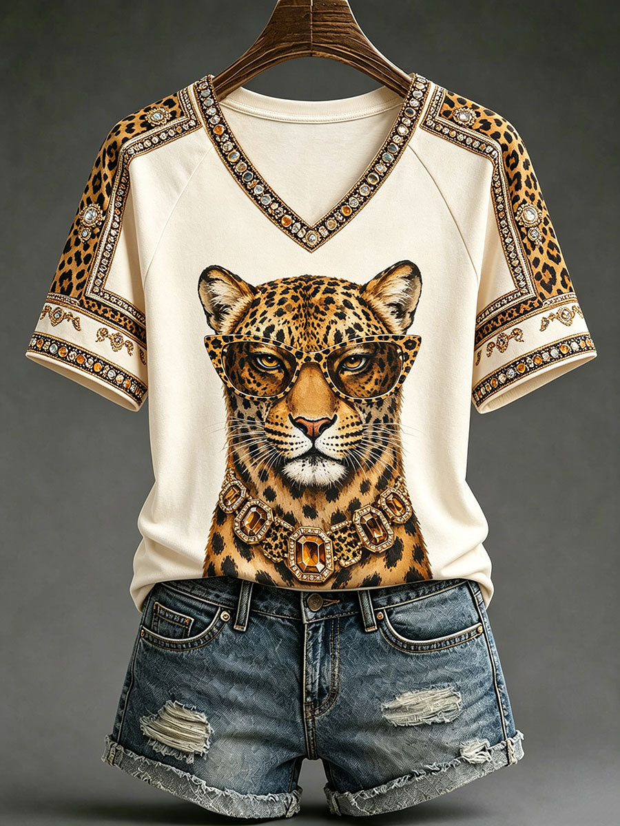T-shirts Fun Leopard à col en V pour femmes