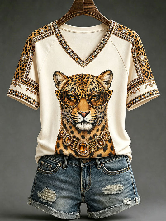T-shirts Fun Leopard à col en V pour femmes