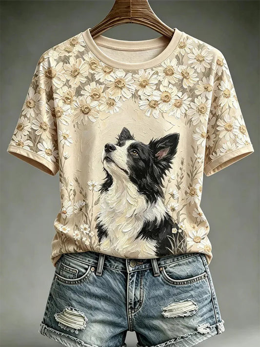 T-shirt décontracté pour femme, imprimé dans le style d’une peinture à l’huile représentant un chien