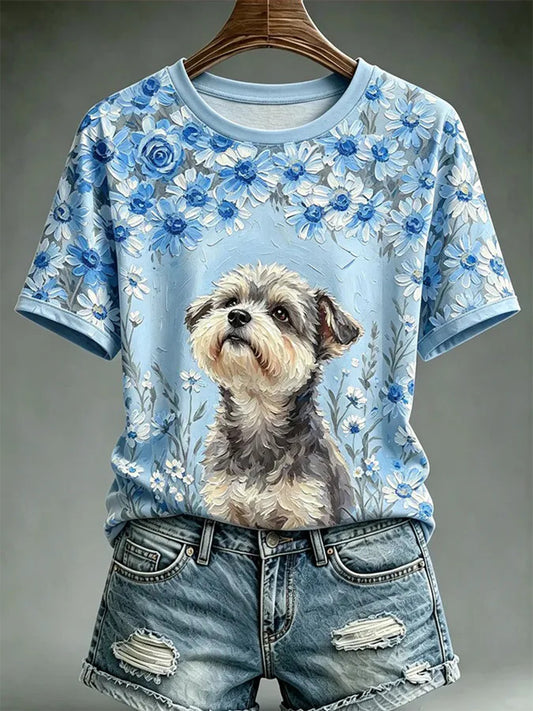T-shirt décontracté pour femme, imprimé dans le style d’une peinture à l’huile représentant un chien
