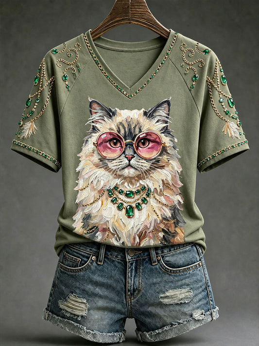 T-shirts Fun Cat à col en V pour femmes