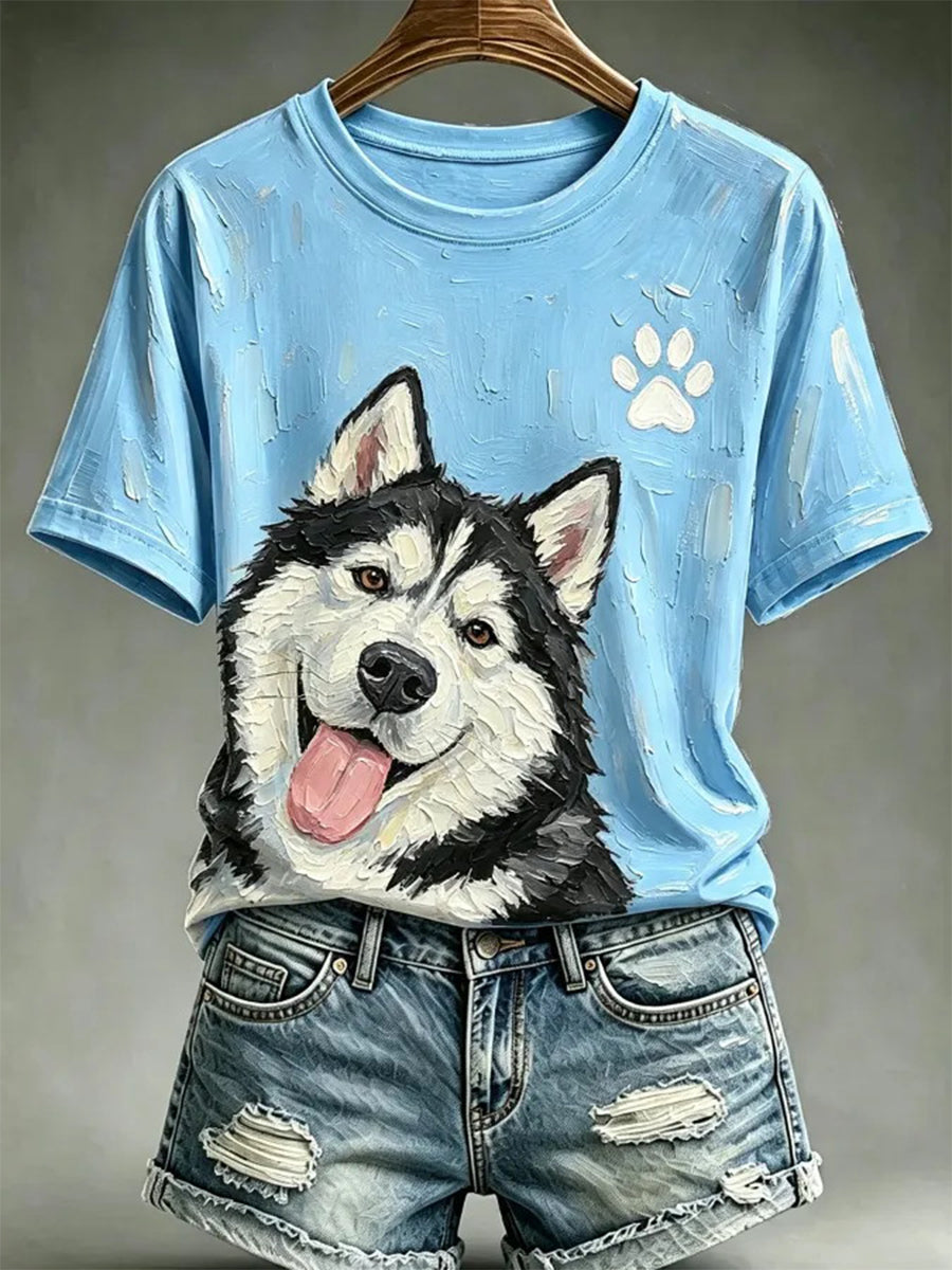 T-shirt décontracté pour femme, imprimé dans le style d’une peinture à l’huile représentant un chien