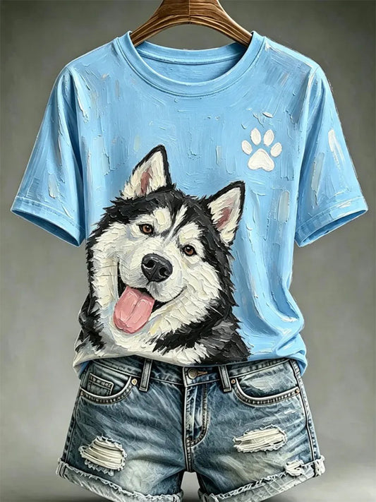 T-shirt décontracté pour femme, imprimé dans le style d’une peinture à l’huile représentant un chien