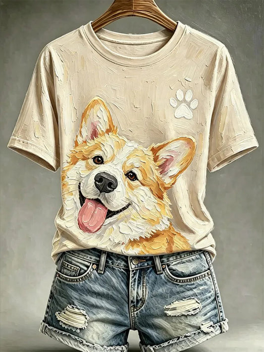 T-shirt décontracté pour femme, imprimé dans le style d’une peinture à l’huile représentant un chien