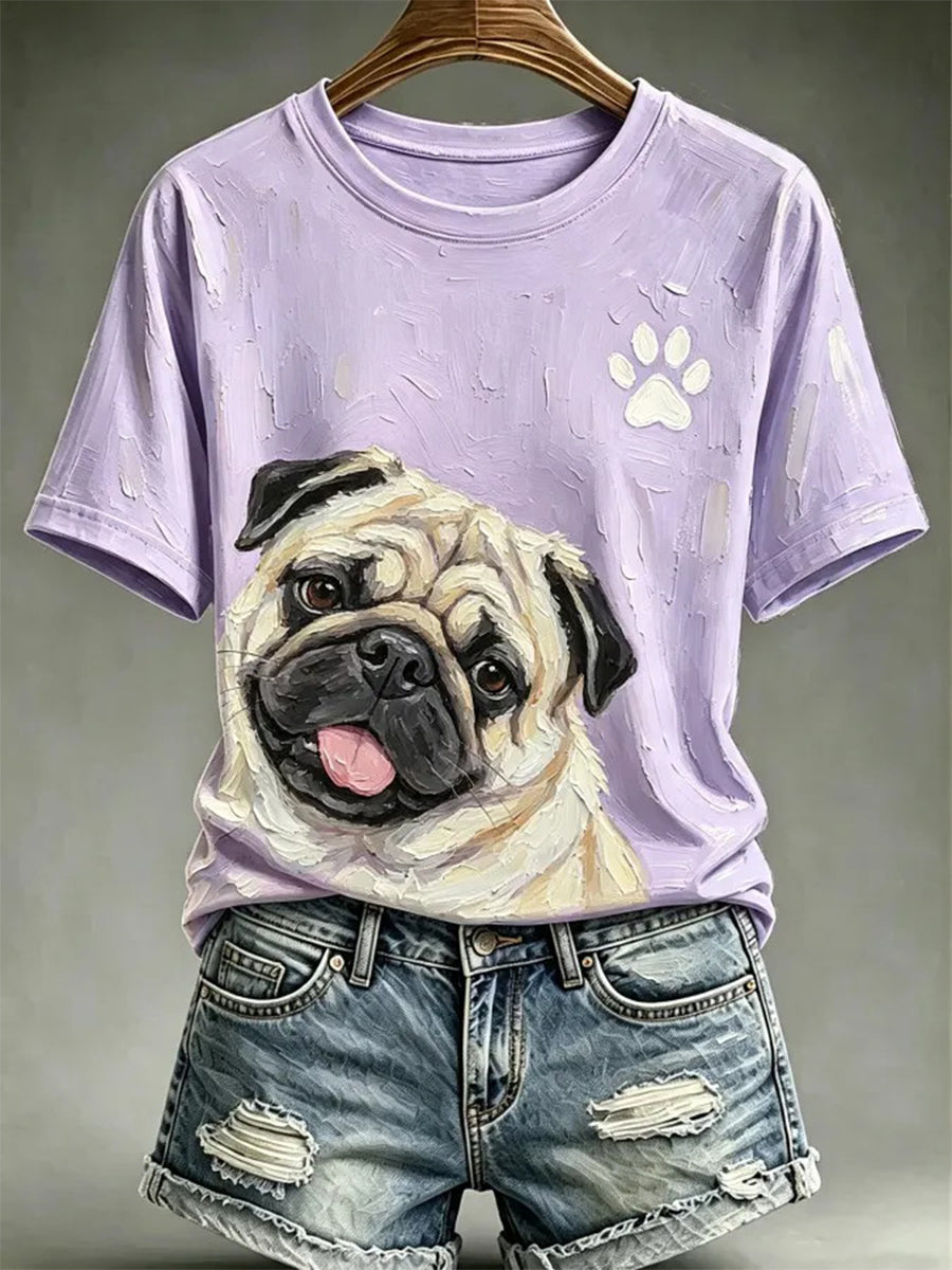 Style de peinture à l'huile de chien des femmes T-shirt décontracté imprimé
