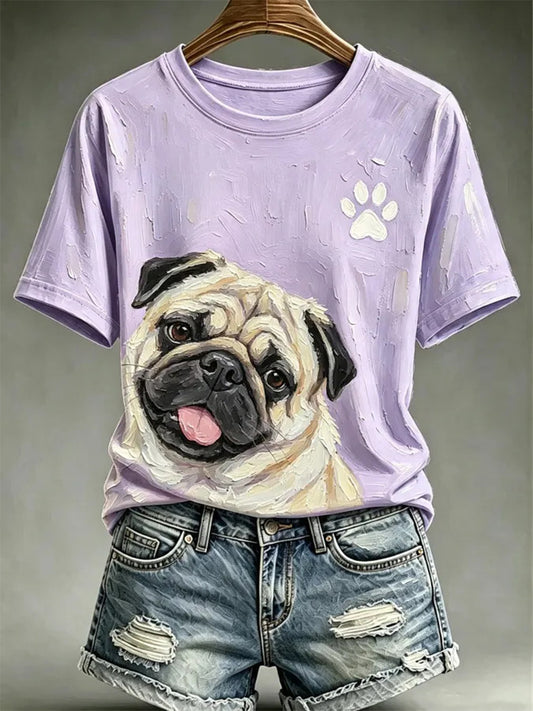 Style de peinture à l'huile de chien des femmes T-shirt décontracté imprimé