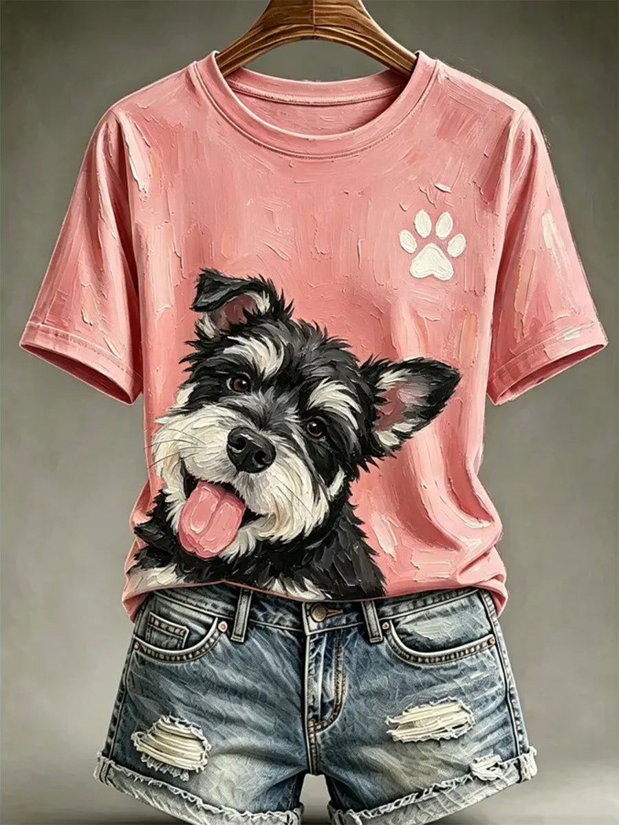 T-shirt décontracté pour femme, imprimé dans le style d’une peinture à l’huile représentant un chien