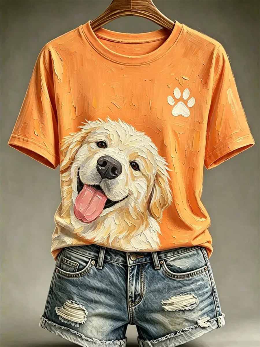 T-shirt décontracté pour femme, imprimé dans le style d’une peinture à l’huile représentant un chien