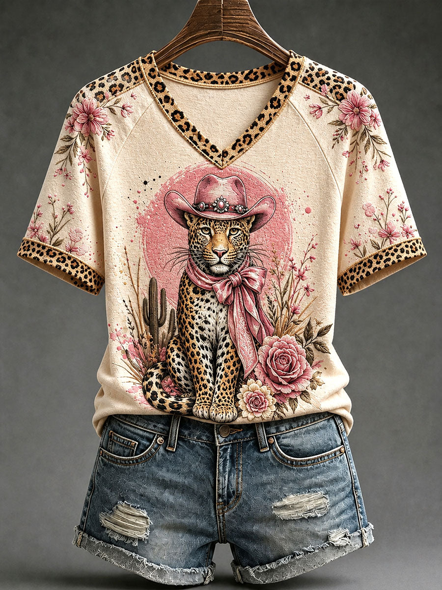Fun Leopard Imprimer V-Neck T-Shirts Femme