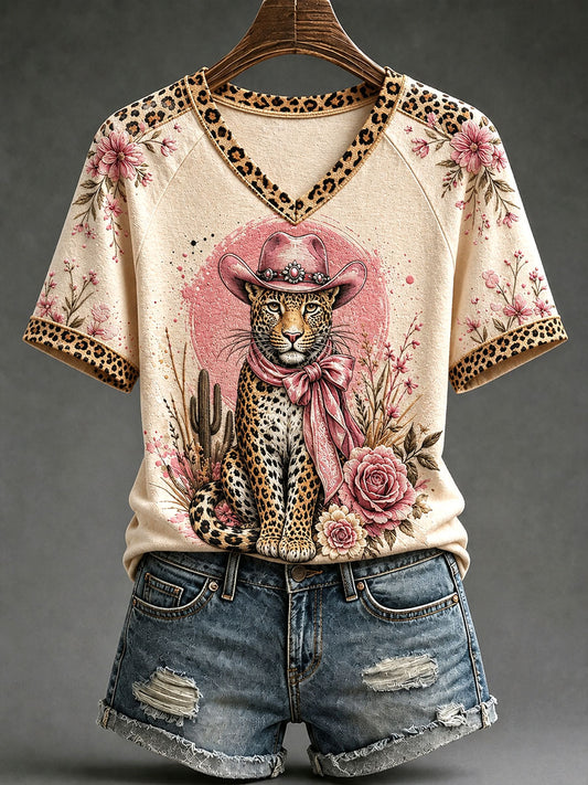 Fun Leopard Imprimer V-Neck T-Shirts Femme