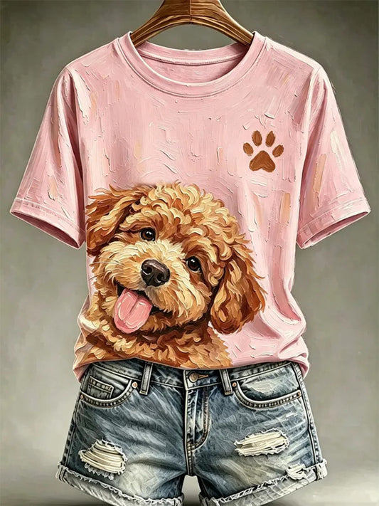 T-shirt décontracté pour femme, imprimé dans le style d’une peinture à l’huile représentant un chien