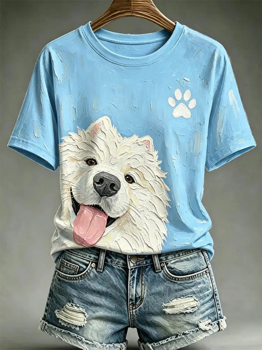 T-shirt décontracté pour femme, imprimé dans le style d’une peinture à l’huile représentant un chien