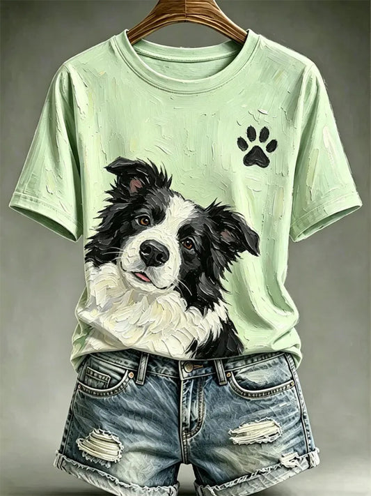 T-shirt décontracté pour femme, imprimé dans le style d’une peinture à l’huile représentant un chien