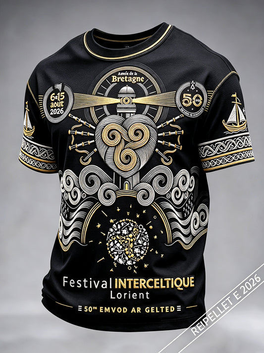 T-shirt décontracté pour homme, noir, imprimé du Festival international celtique de Brest‑Lorient