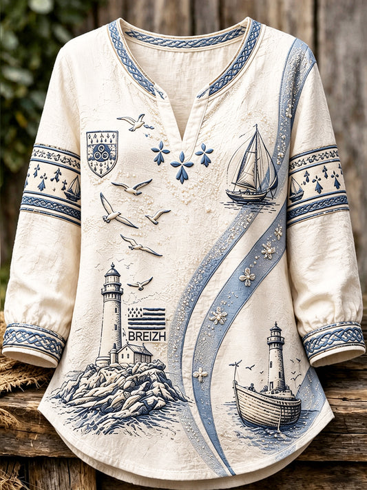 T-shirt femme léger à manches longues, en coton et lin, col en V, imprimé Bretagne, style décontracté