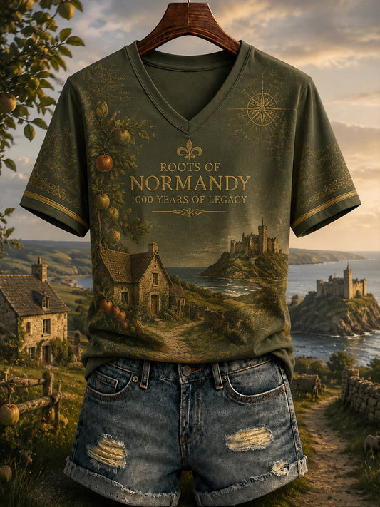 T-shirt col V imprimé France Normandie Femme
