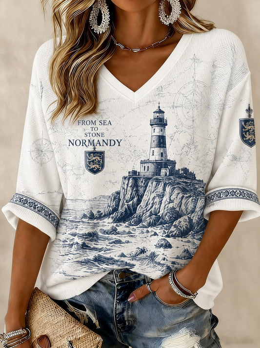 T-shirt femme à manches mi-longues et col en V, imprimé France Normandie
