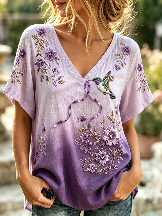 T-shirt à manches courtes en lin imprimé floral Colibri pour femme