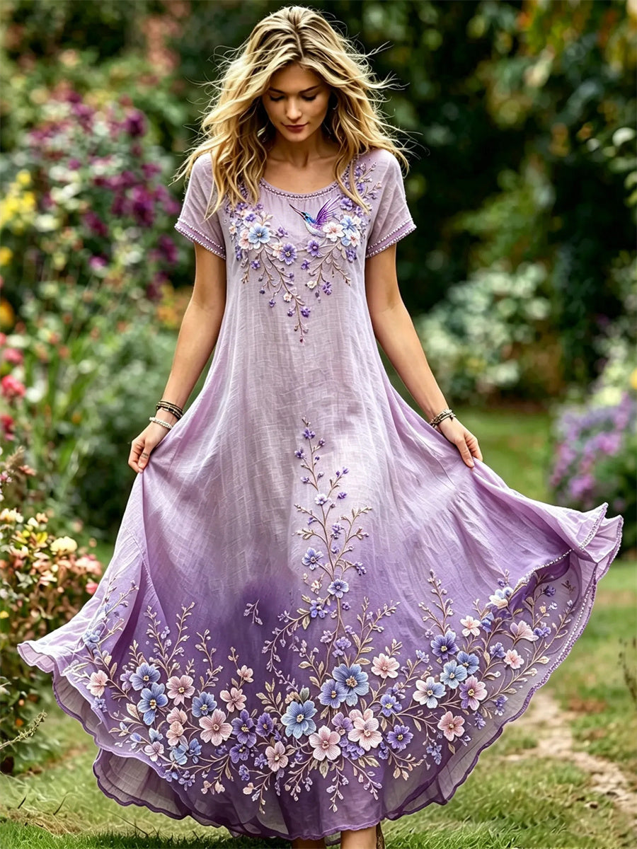 Élégante Humming Bird Purple Floral Art Print Gradient Flowy Maxi Dress pour femmes