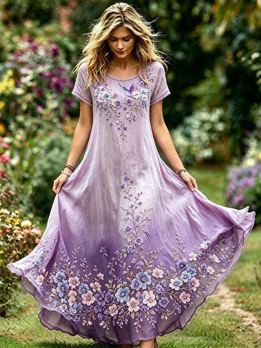 Élégante Humming Bird Purple Floral Art Print Gradient Flowy Maxi Dress pour femmes
