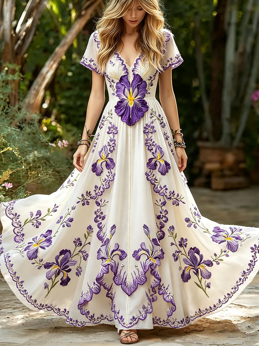 Les femmes chic violet Iris Boho Imprimer Flowy Maxi Dress