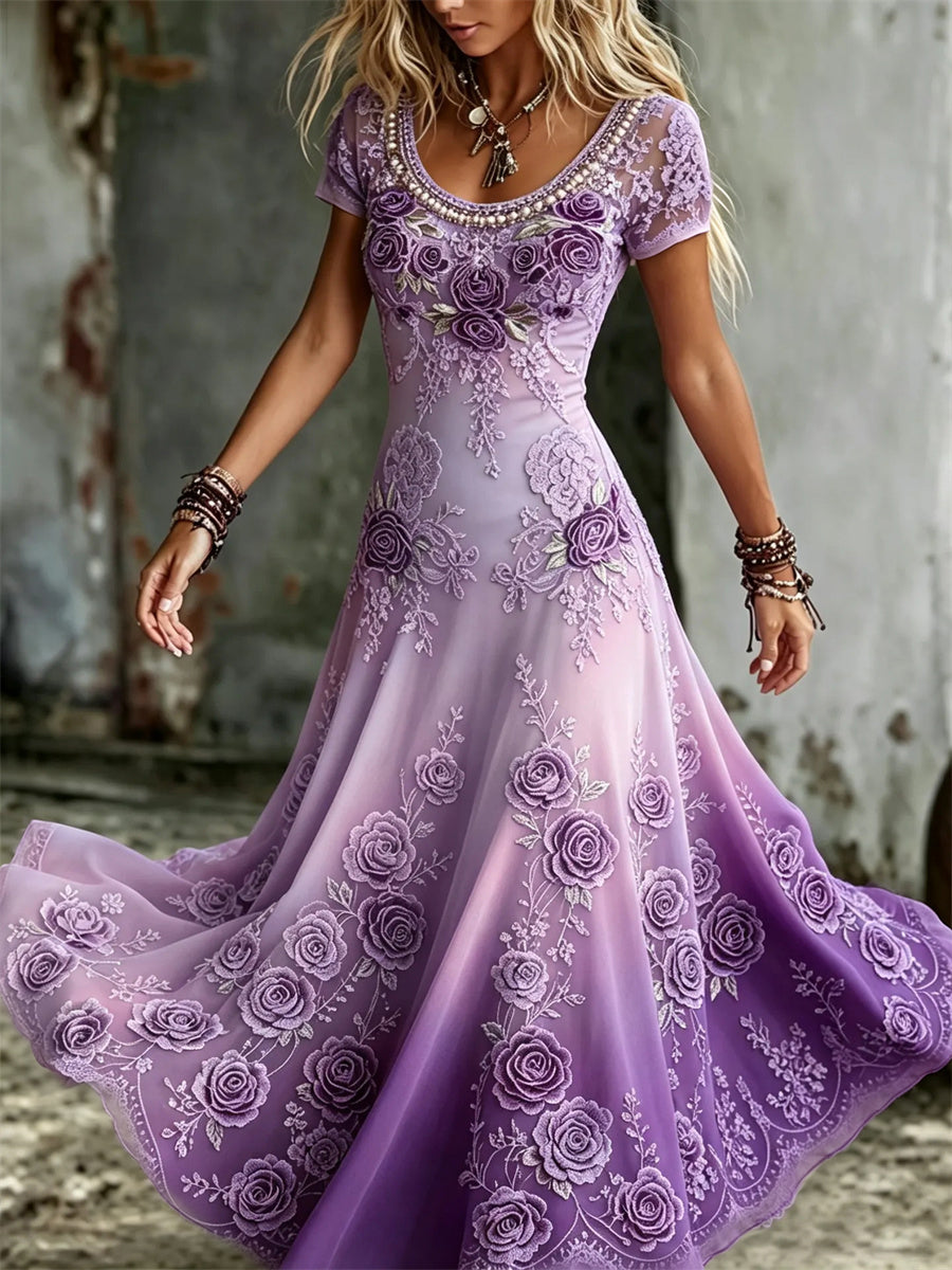 Femmes Classy Purple Roses Dentelle Art Print Gradient Flowy Maxi Dress