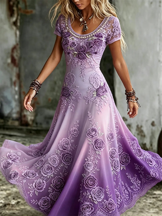 Femmes Classy Purple Roses Dentelle Art Print Gradient Flowy Maxi Dress