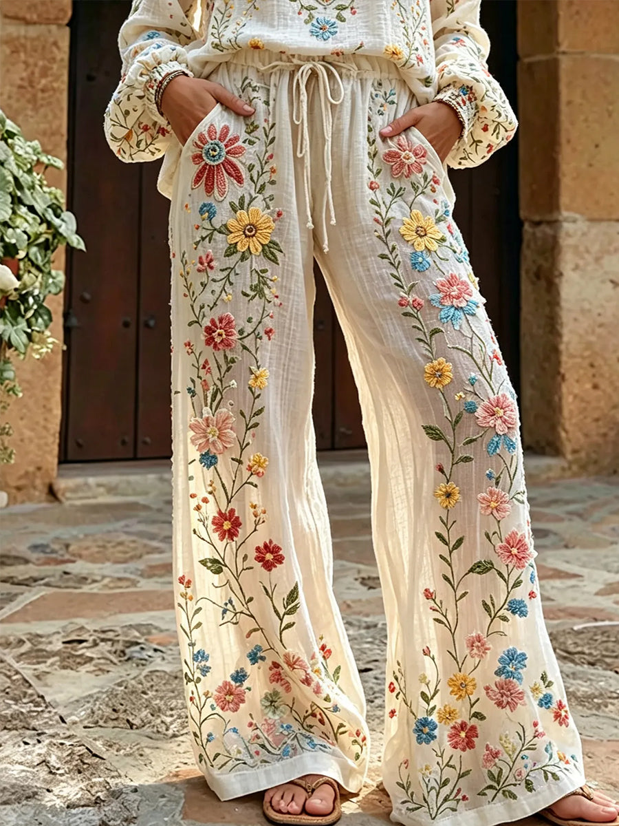 Pantalon en lin de coton à imprimé floral élégant pour femmes