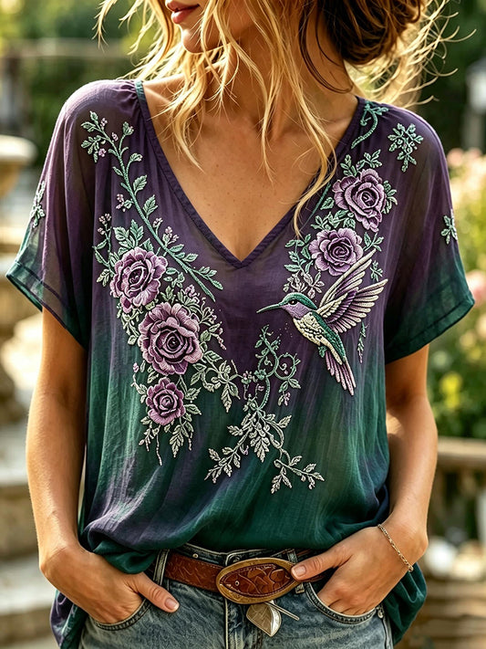 T-shirt à manches courtes en lin à imprimé floral Colibri vintage pour femme