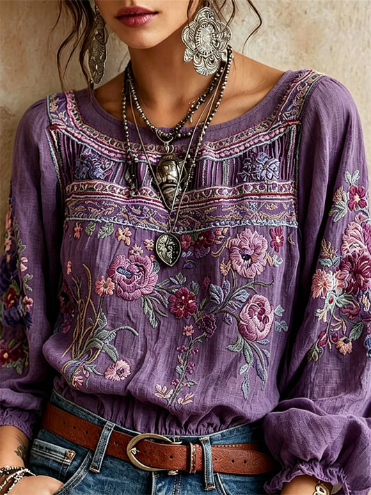 Chemise Femme Boho Violet Imprimé Floral En Coton Et Lin