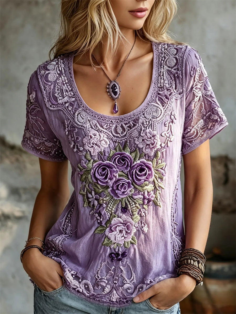 Femme Classy Violet Roses Floral Dentelle Art Imprimer lin à manches courtes T-shirt