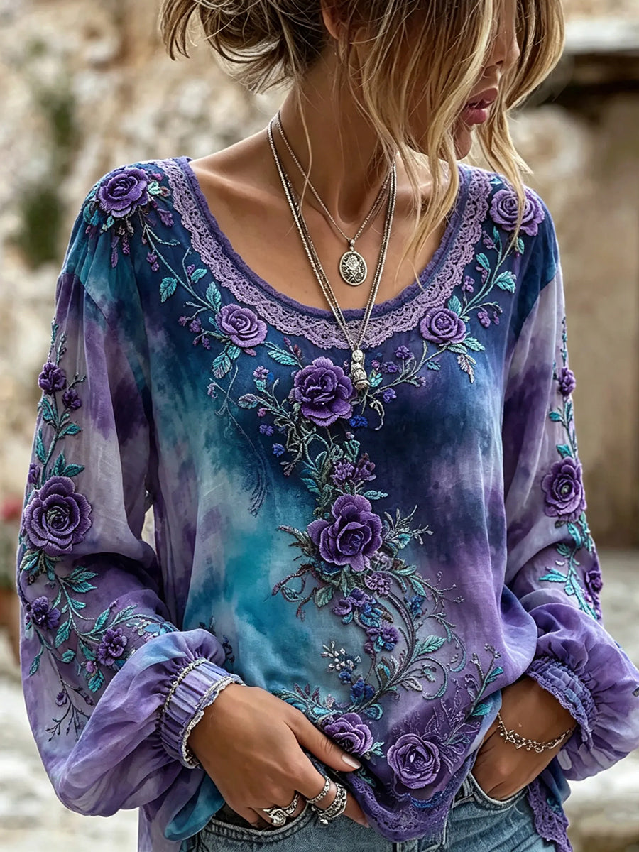 Chemise femme élégante en coton-lin, col rond, imprimé floral violet