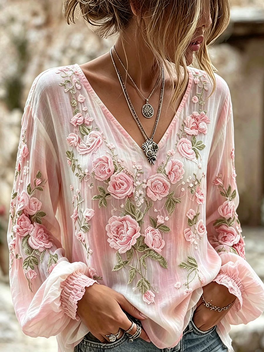 Chemise Femme Classy Imprimé Floral Dégradé Col V Coton-Lin