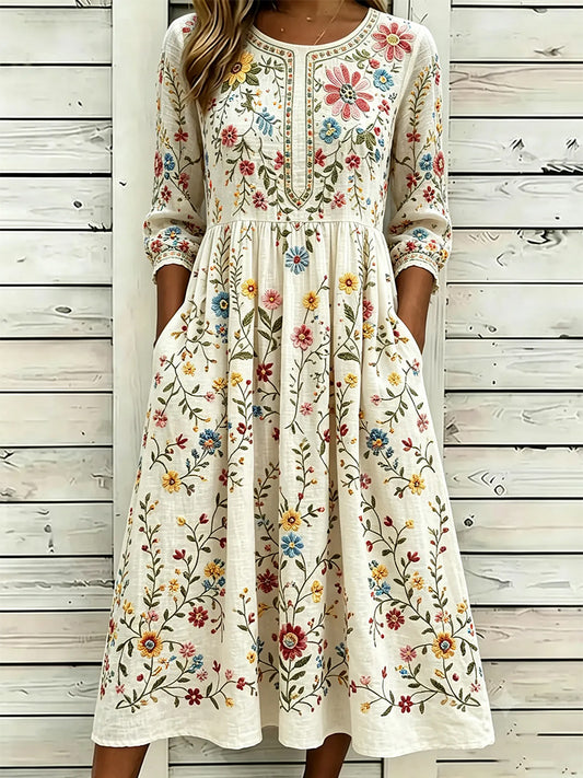 Vintage chic imprimé floral confortable lin Maxi robe des femmes