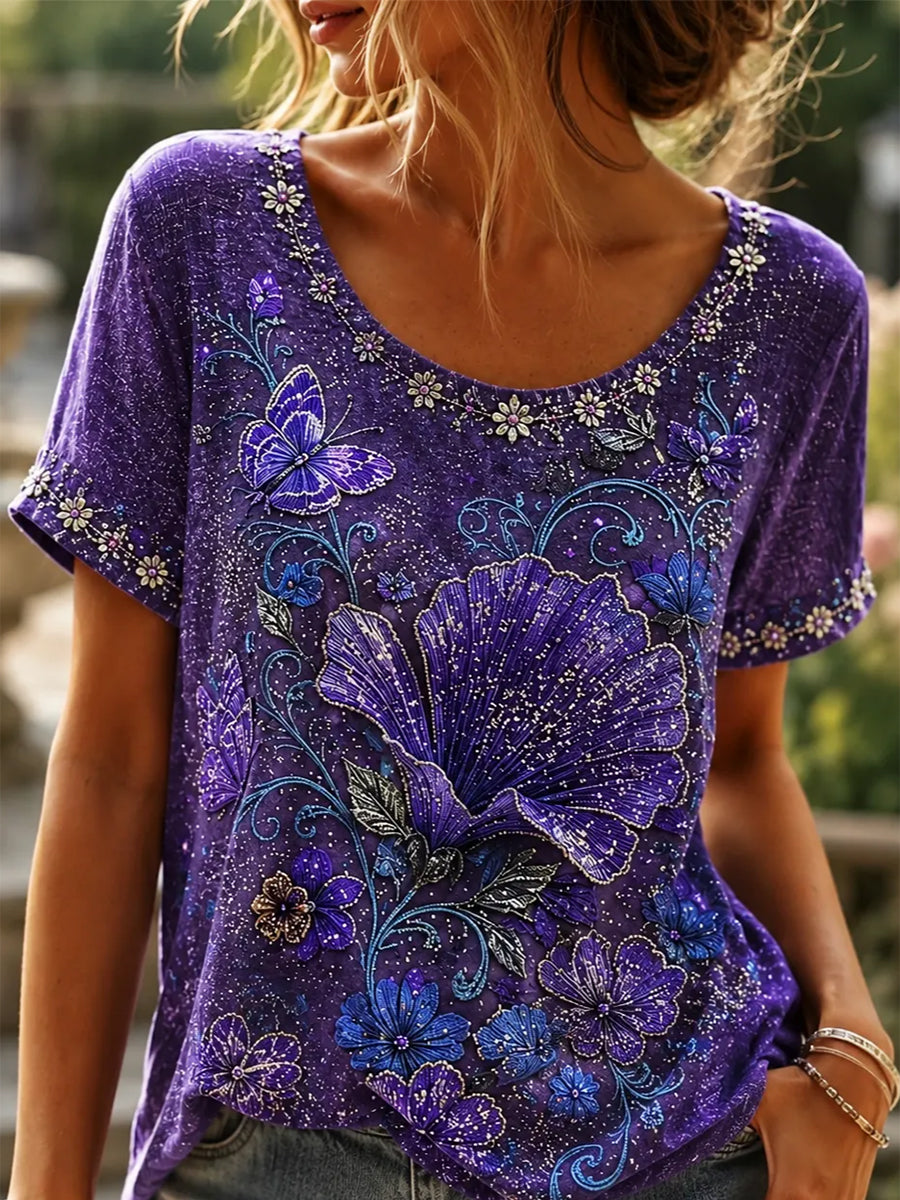 T-shirt chic à manches courtes en lin imprimé floral papillon pour femmes