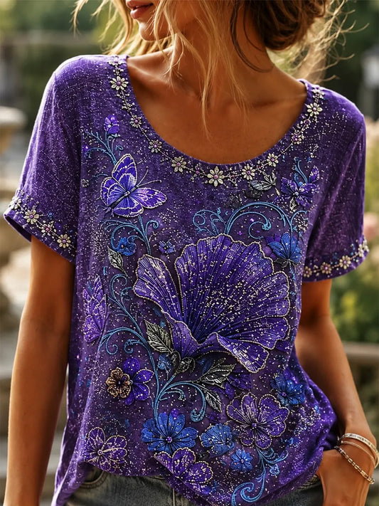 T-shirt chic à manches courtes en lin imprimé floral papillon pour femmes