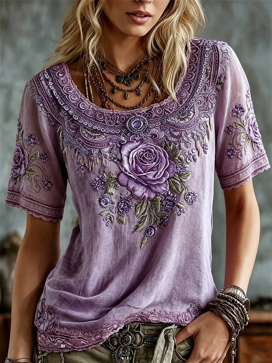 T-shirt femme élégant en lin à manches courtes, imprimé floral de roses violettes et dentelle artistique